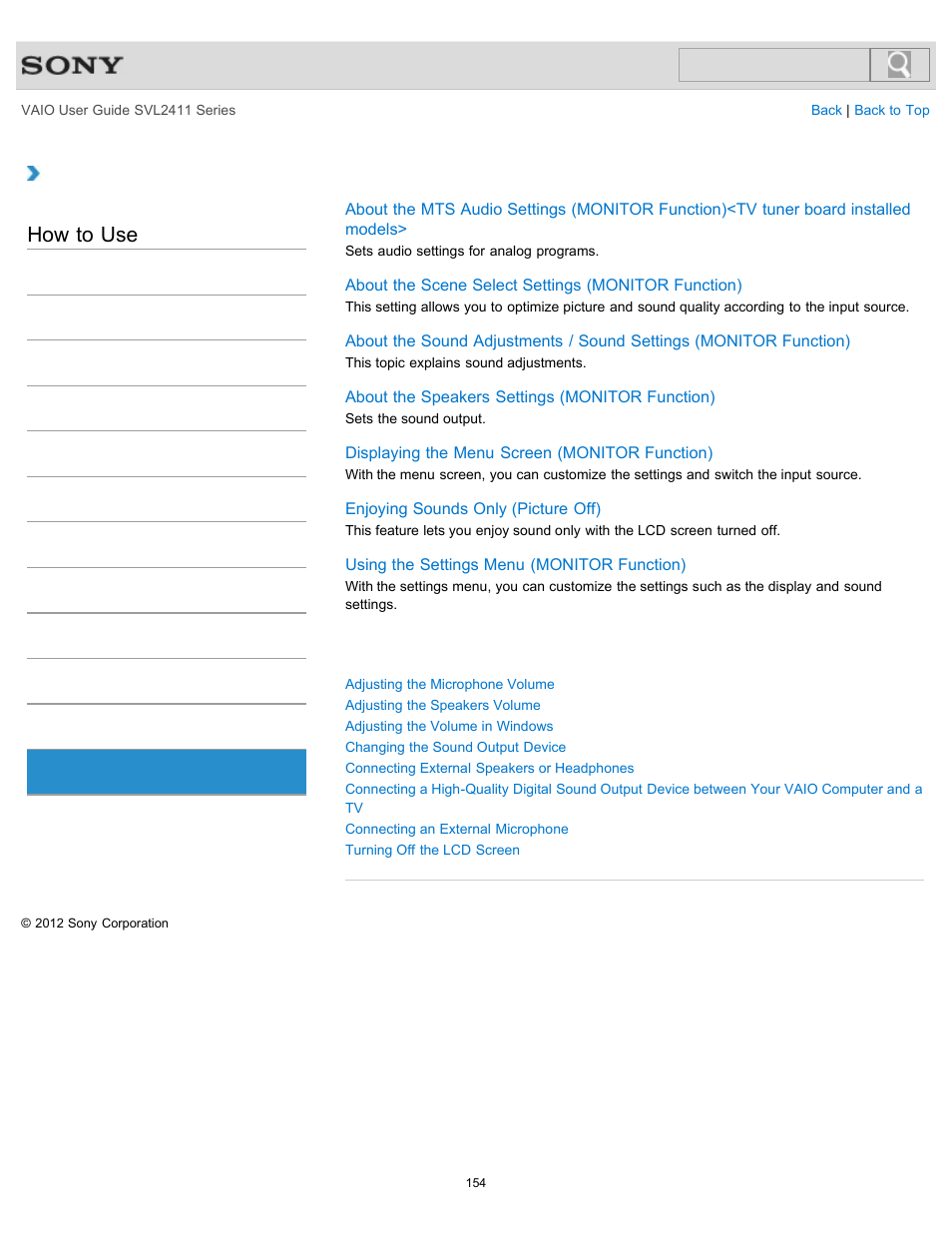 Audio, How to use | Sony SVL241190X User Manual | Page 154 / 522
