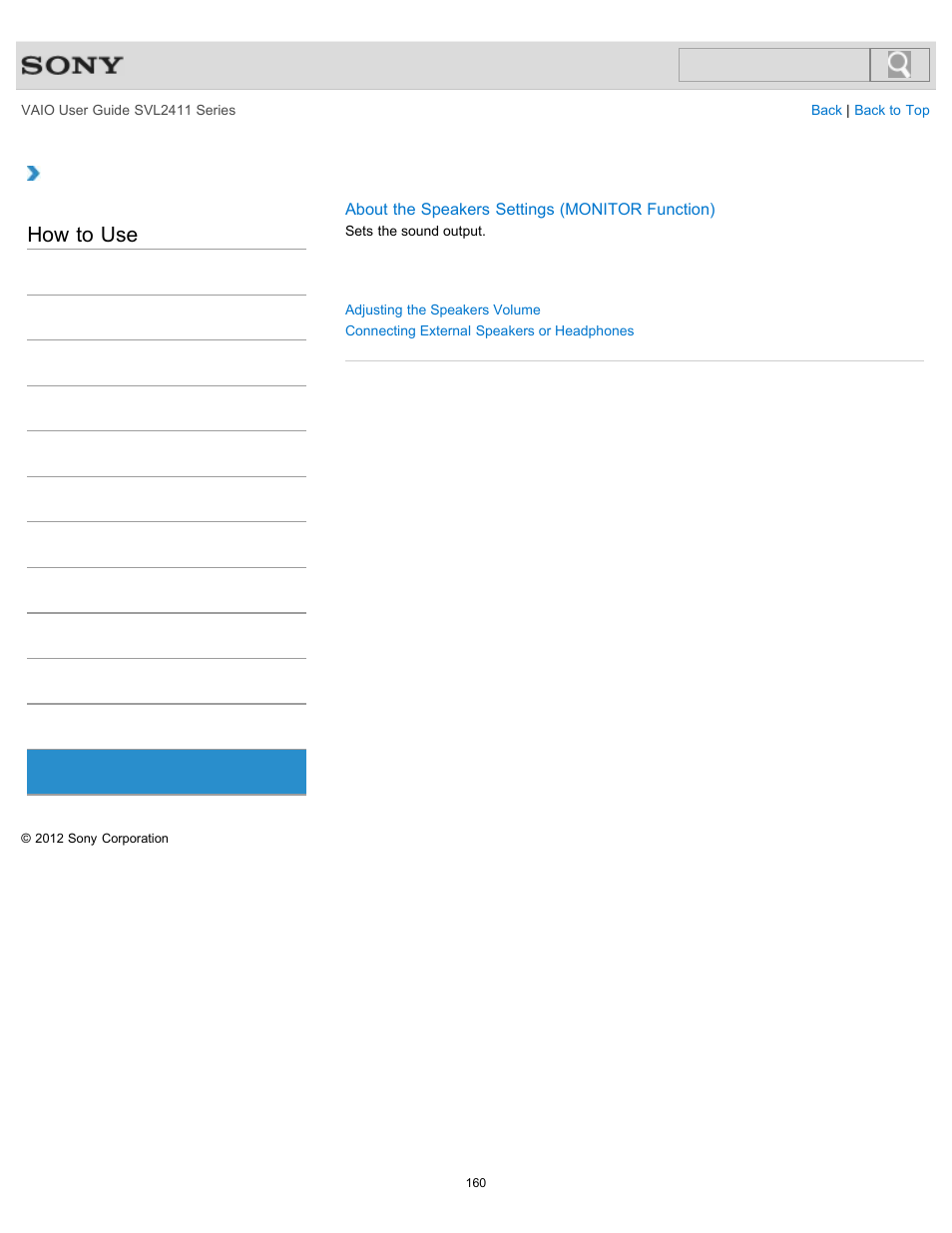 Speakers, How to use | Sony SVL241190X User Manual | Page 160 / 522