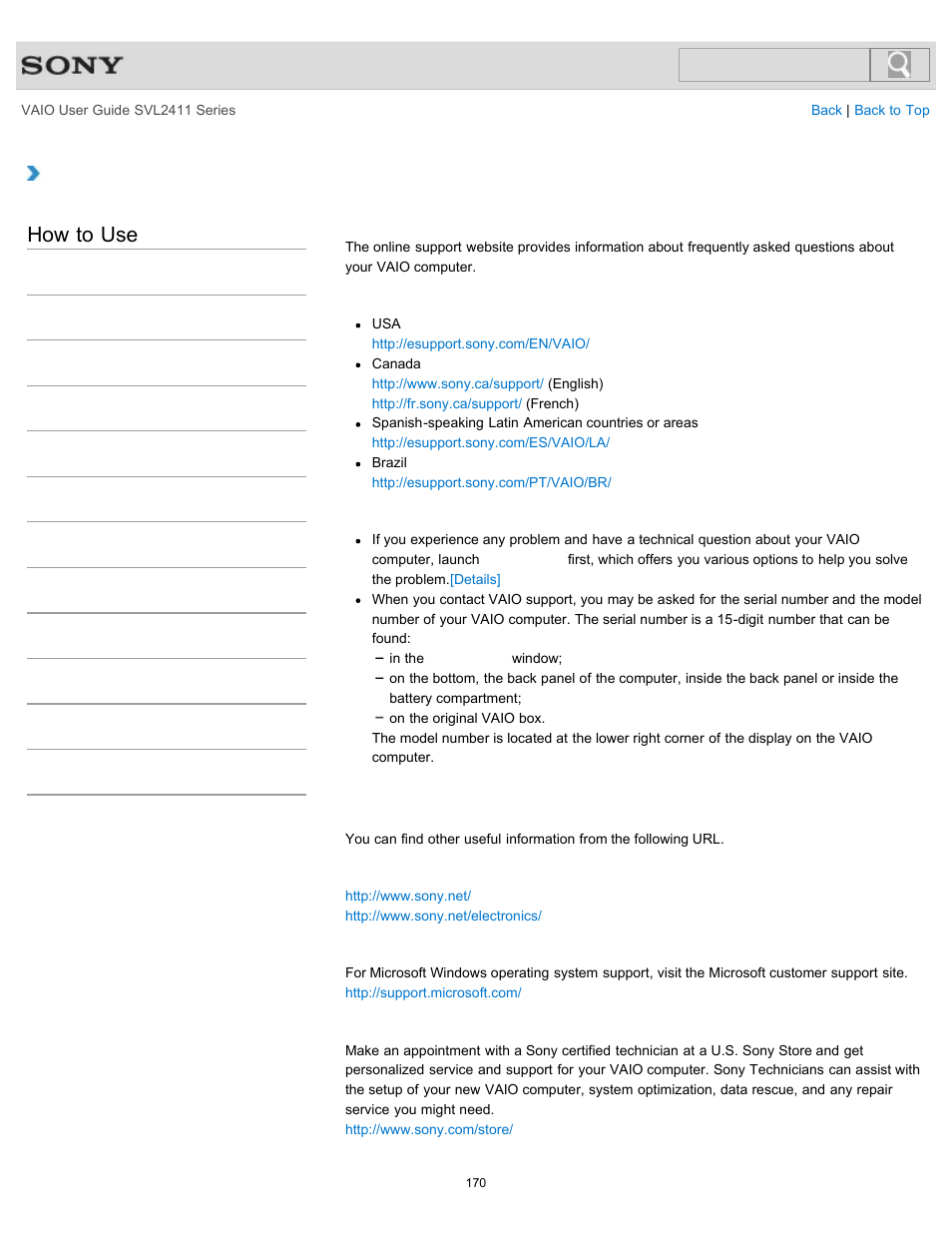 Details, About online support website, How to use | Sony SVL241190X User Manual | Page 170 / 522