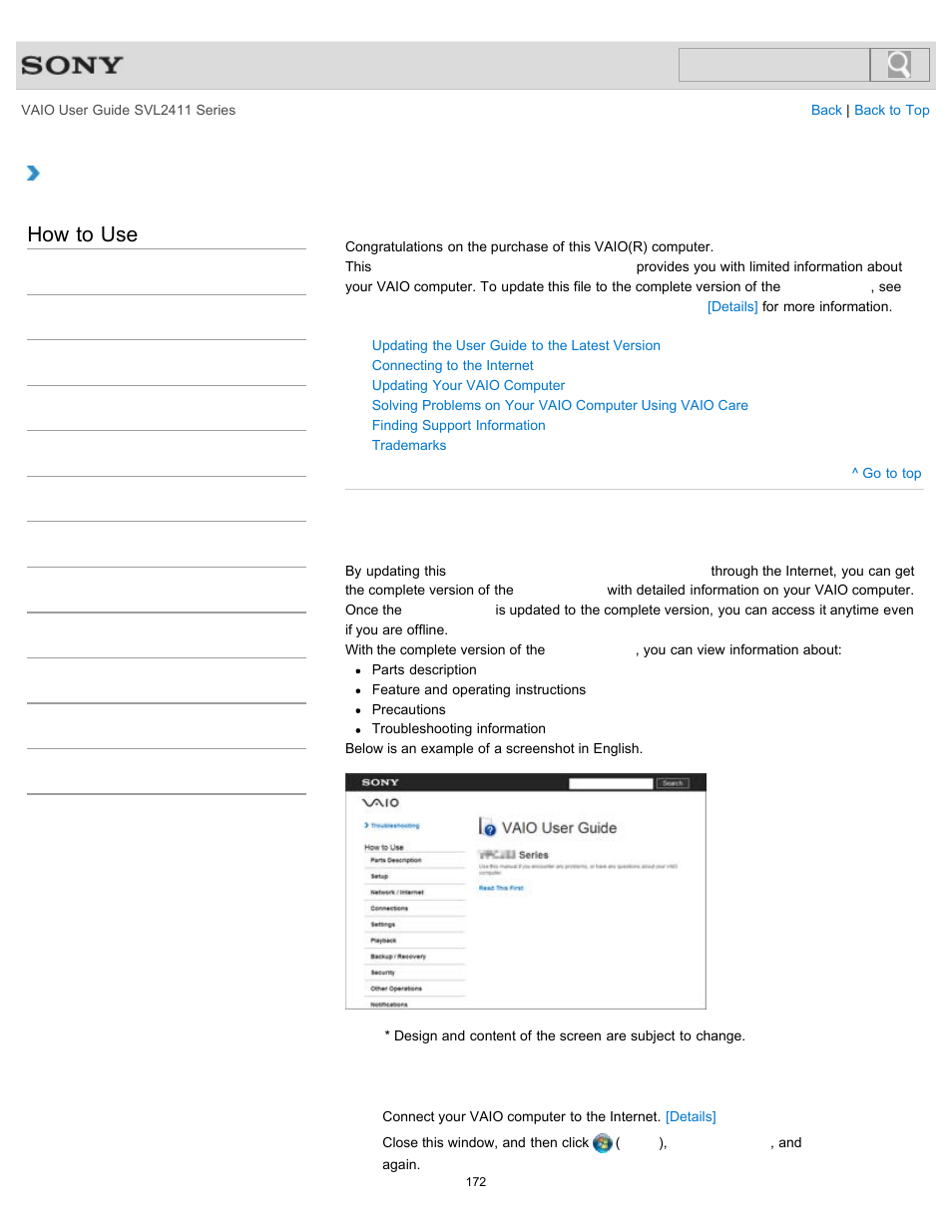 Version, Details, How to use | Welcome, Updating the user guide to the latest version | Sony SVL241190X User Manual | Page 172 / 522