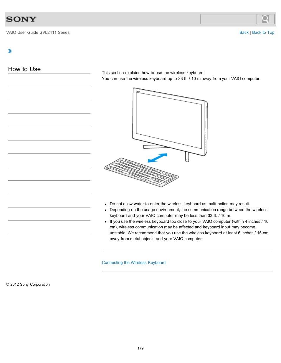 About the usage environment for the keyboard, How to use | Sony SVL241190X User Manual | Page 179 / 522