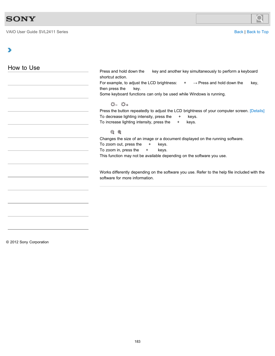 Combinations and functions with the fn key, Details, How to use | Sony SVL241190X User Manual | Page 183 / 522