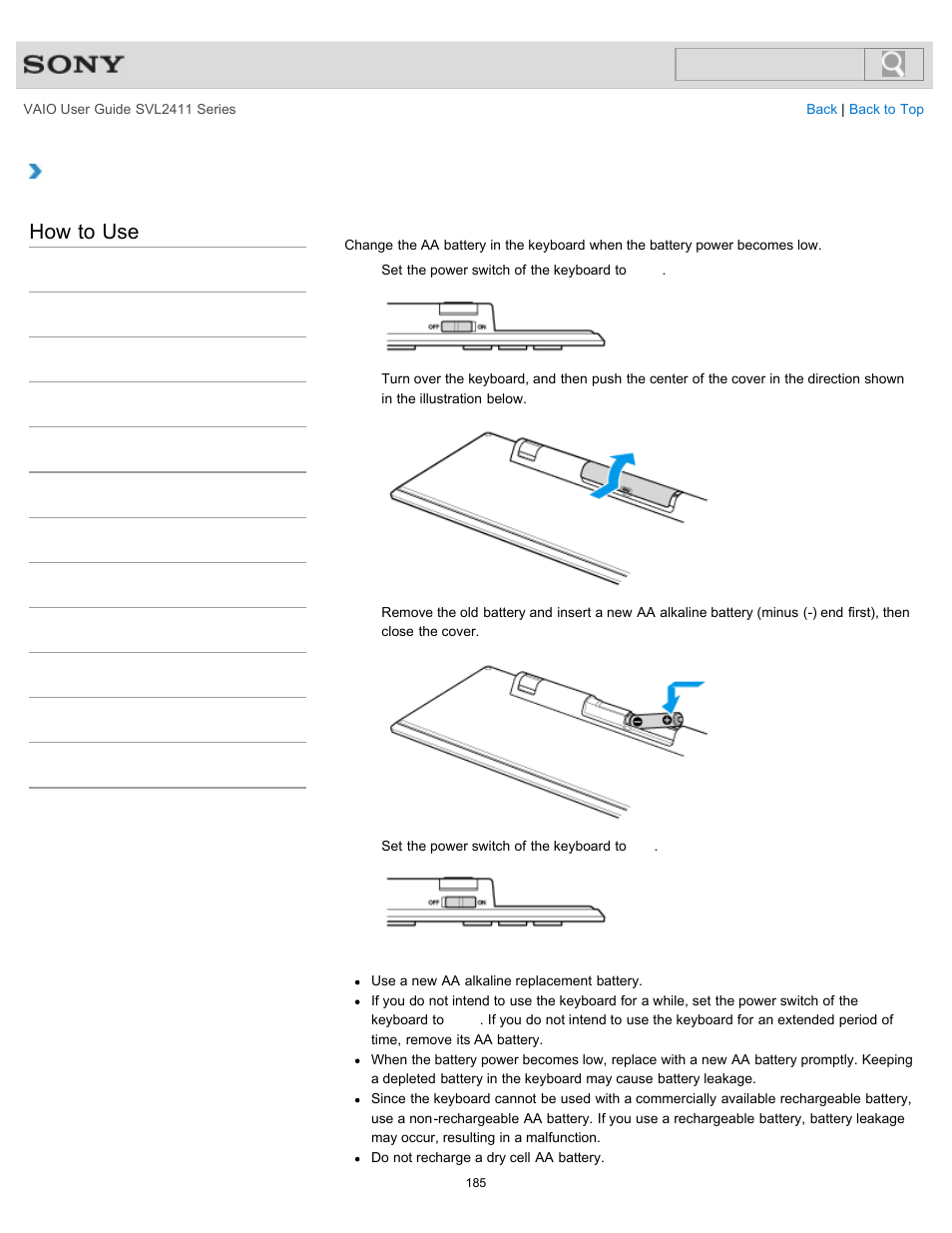 Replacing the aa battery of the keyboard, How to use | Sony SVL241190X User Manual | Page 185 / 522