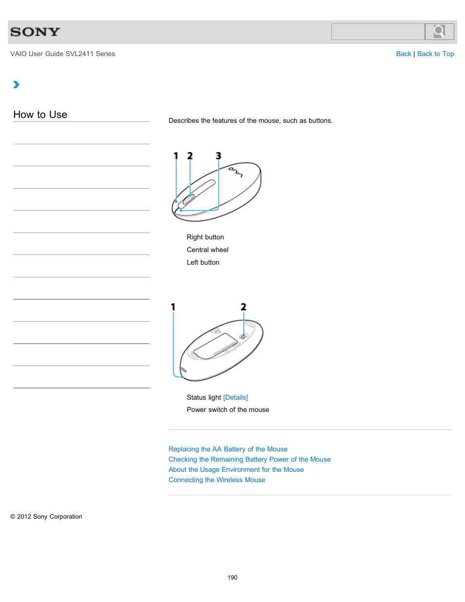 Parts and controls of the mouse, How to use | Sony SVL241190X User Manual | Page 190 / 522