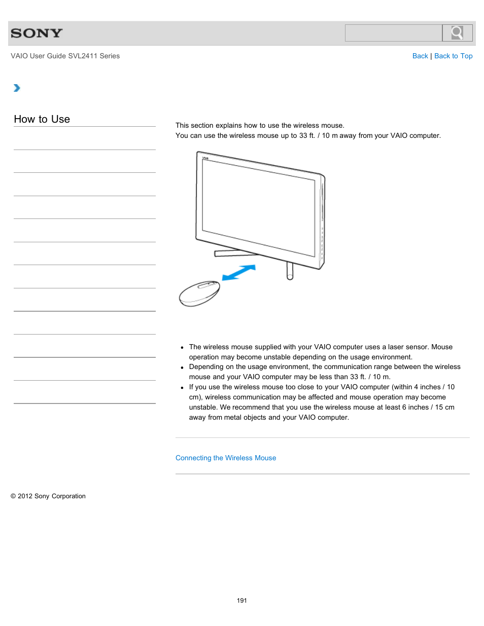 About the usage environment for the mouse, How to use | Sony SVL241190X User Manual | Page 191 / 522