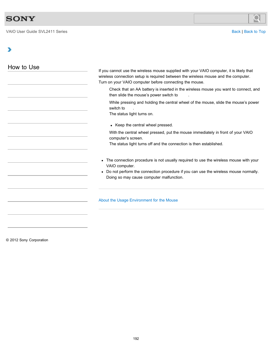 Connecting the wireless mouse, How to use | Sony SVL241190X User Manual | Page 192 / 522