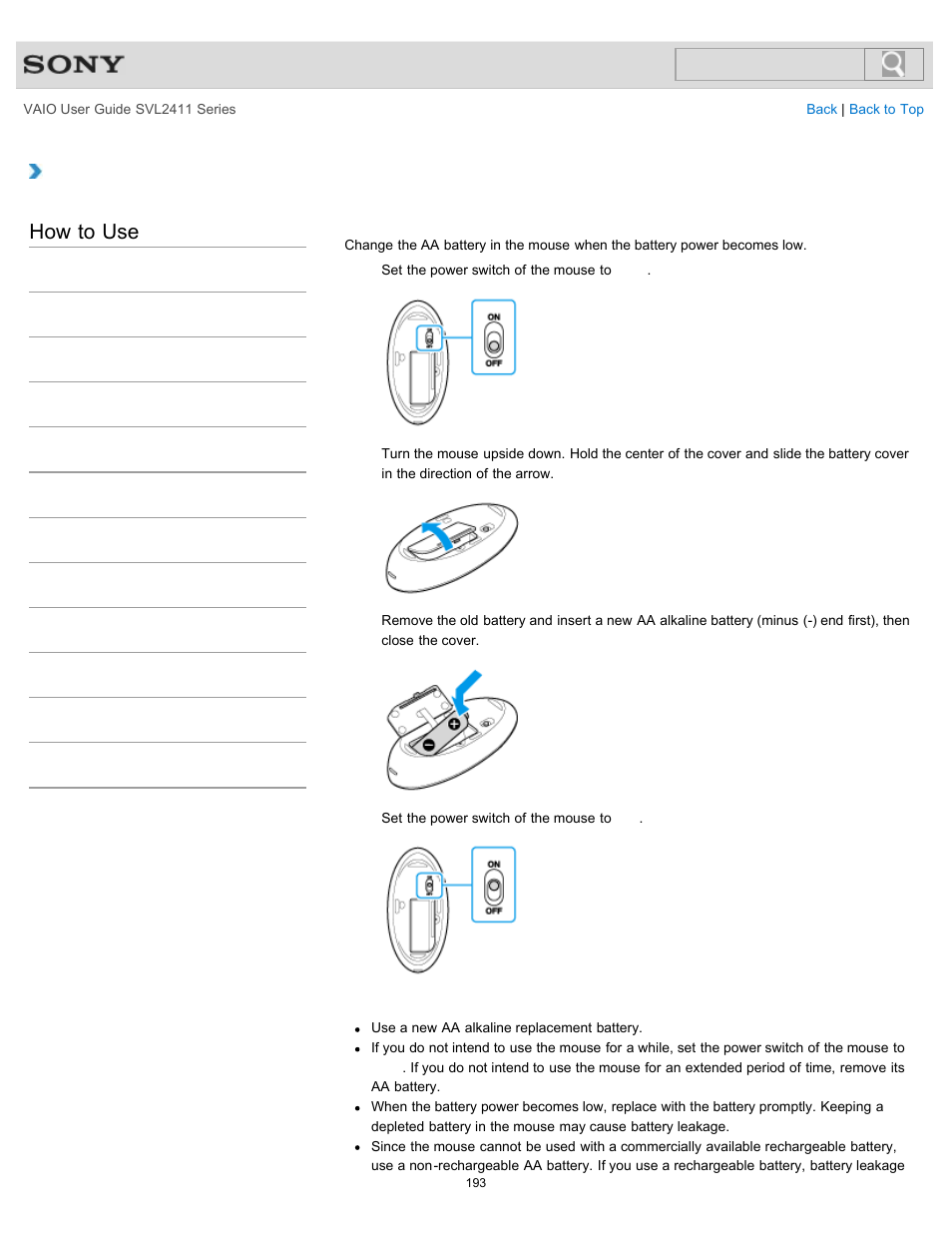 Replacing the aa battery of the mouse, How to use | Sony SVL241190X User Manual | Page 193 / 522