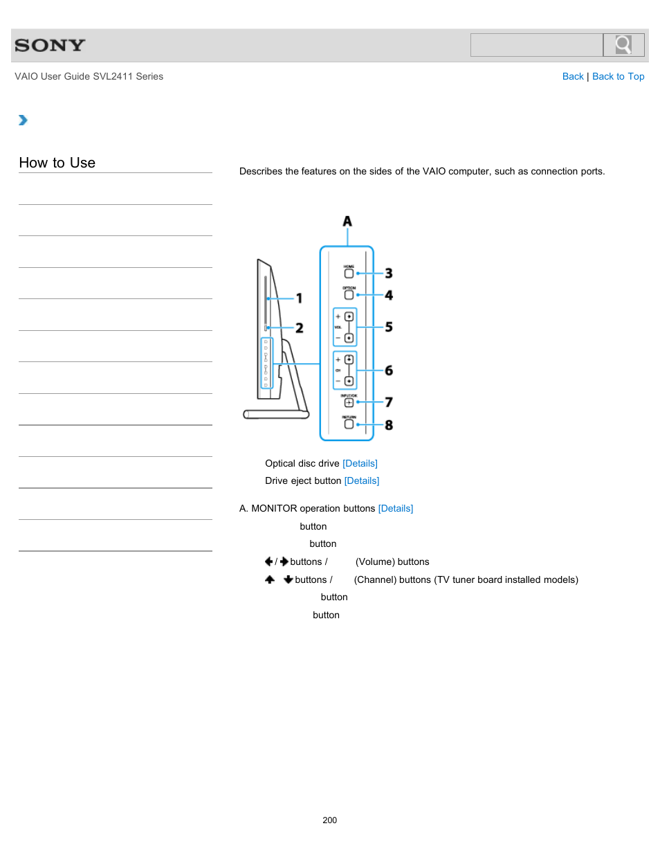 Parts and controls on the sides, Details, How to use | Sony SVL241190X User Manual | Page 200 / 522