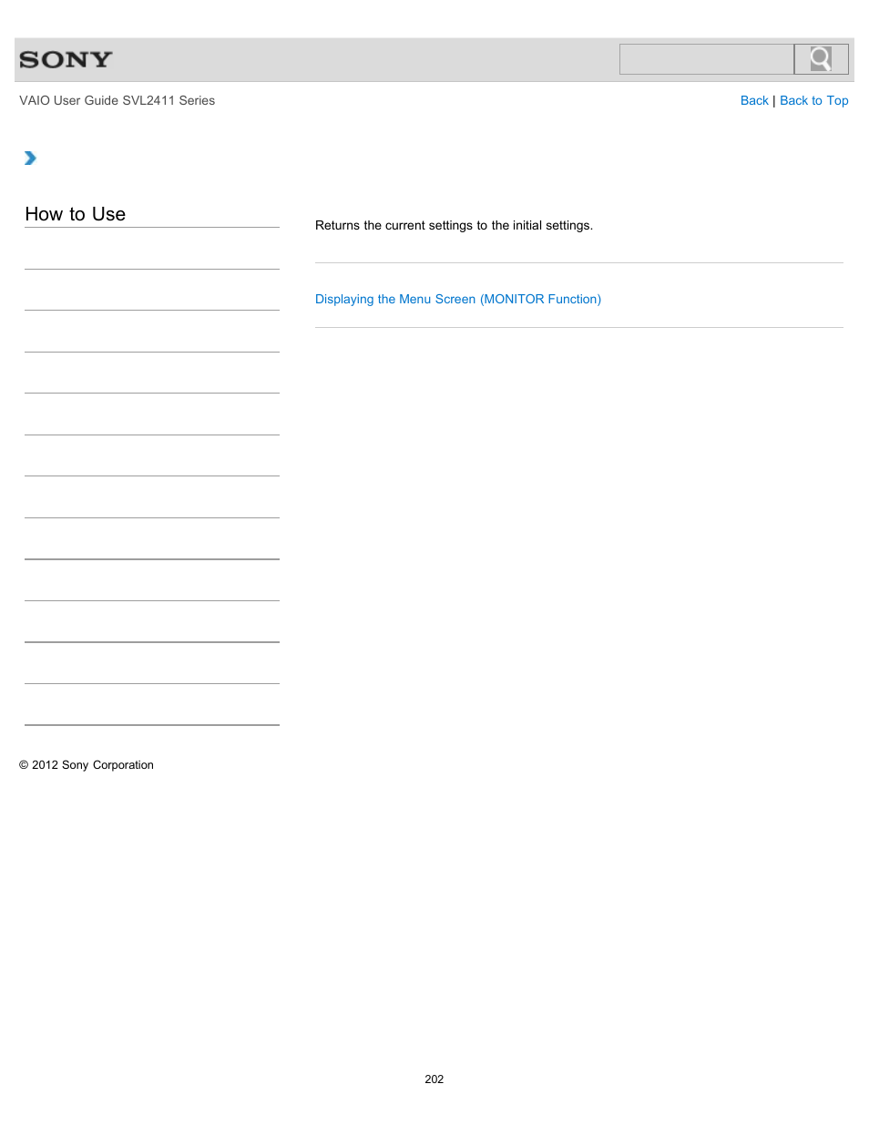 About factory setting (monitor function), How to use | Sony SVL241190X User Manual | Page 202 / 522