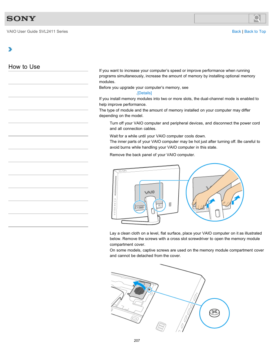 Adding and removing memory modules, How to use | Sony SVL241190X User Manual | Page 207 / 522