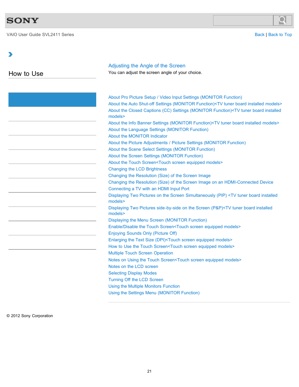 Display, How to use | Sony SVL241190X User Manual | Page 21 / 522