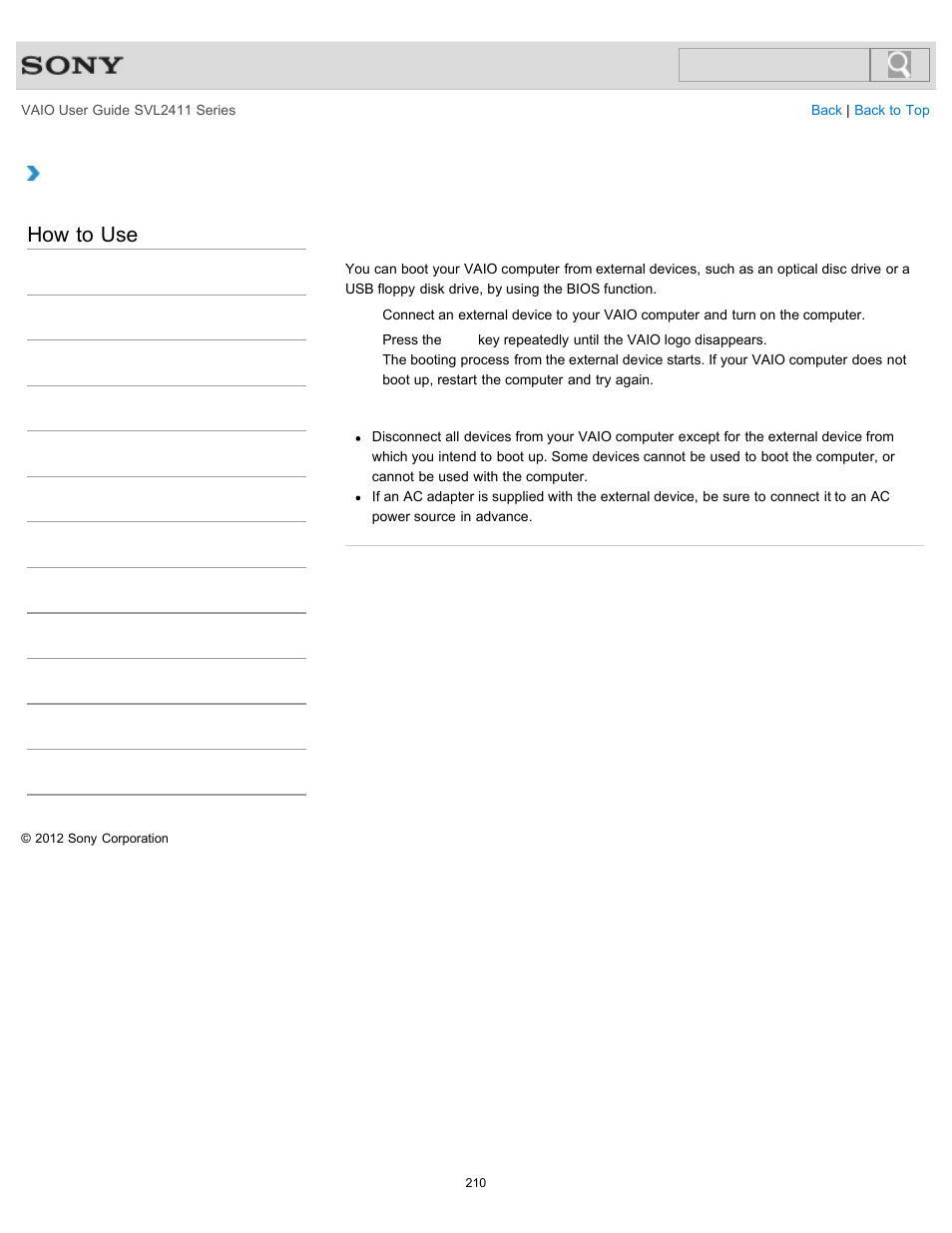 Booting your vaio computer from external devices, How to use | Sony SVL241190X User Manual | Page 210 / 522