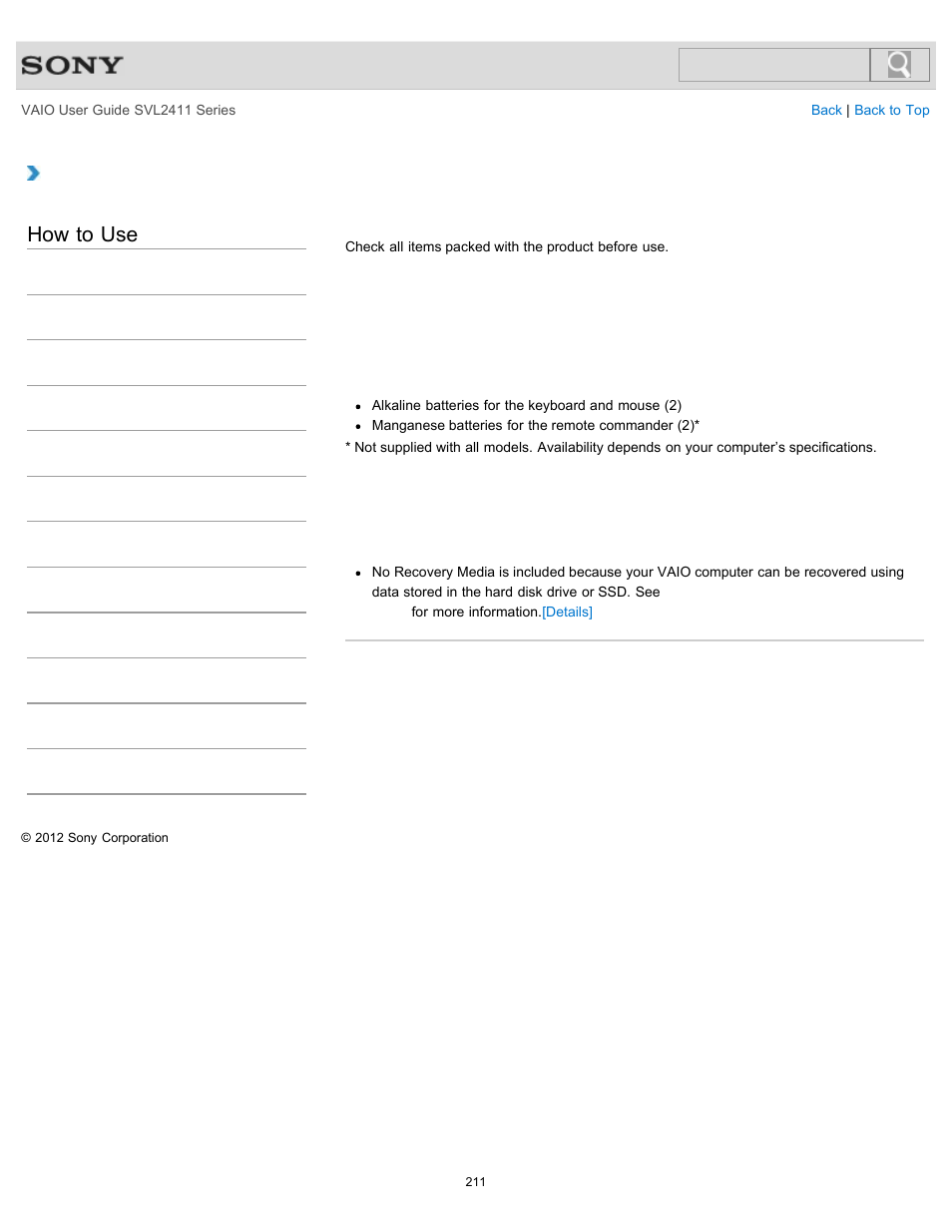 Checking supplied items, How to use | Sony SVL241190X User Manual | Page 211 / 522