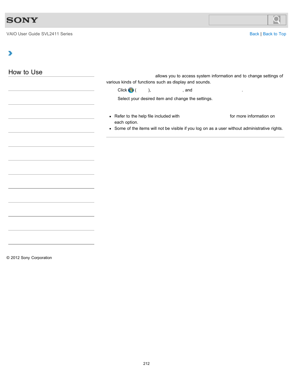 Customizing your vaio computer, How to use | Sony SVL241190X User Manual | Page 212 / 522