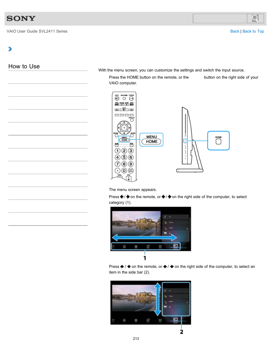 Displaying the menu screen (monitor function), Details, How to use | Sony SVL241190X User Manual | Page 213 / 522