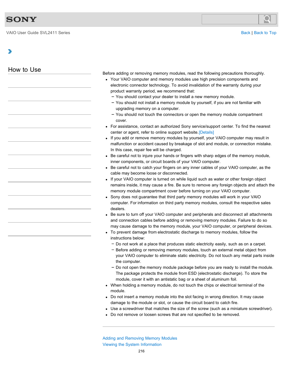 Notes on adding and removing memory modules, Details, How to use | Sony SVL241190X User Manual | Page 216 / 522