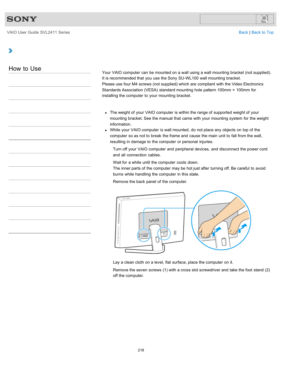 Preparing for wall mounting, How to use | Sony SVL241190X User Manual | Page 218 / 522