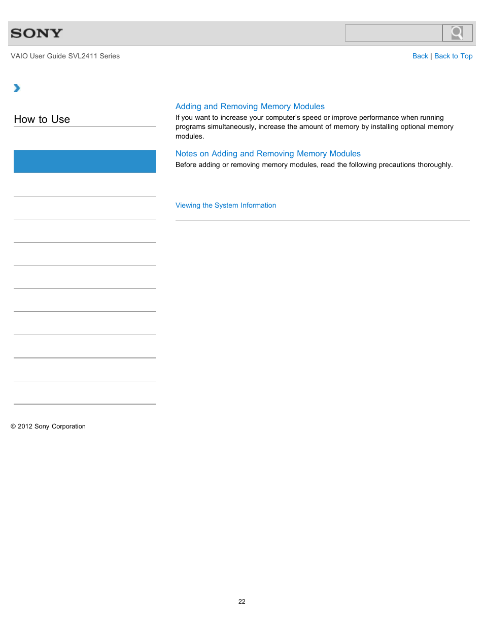 Memory module, How to use | Sony SVL241190X User Manual | Page 22 / 522