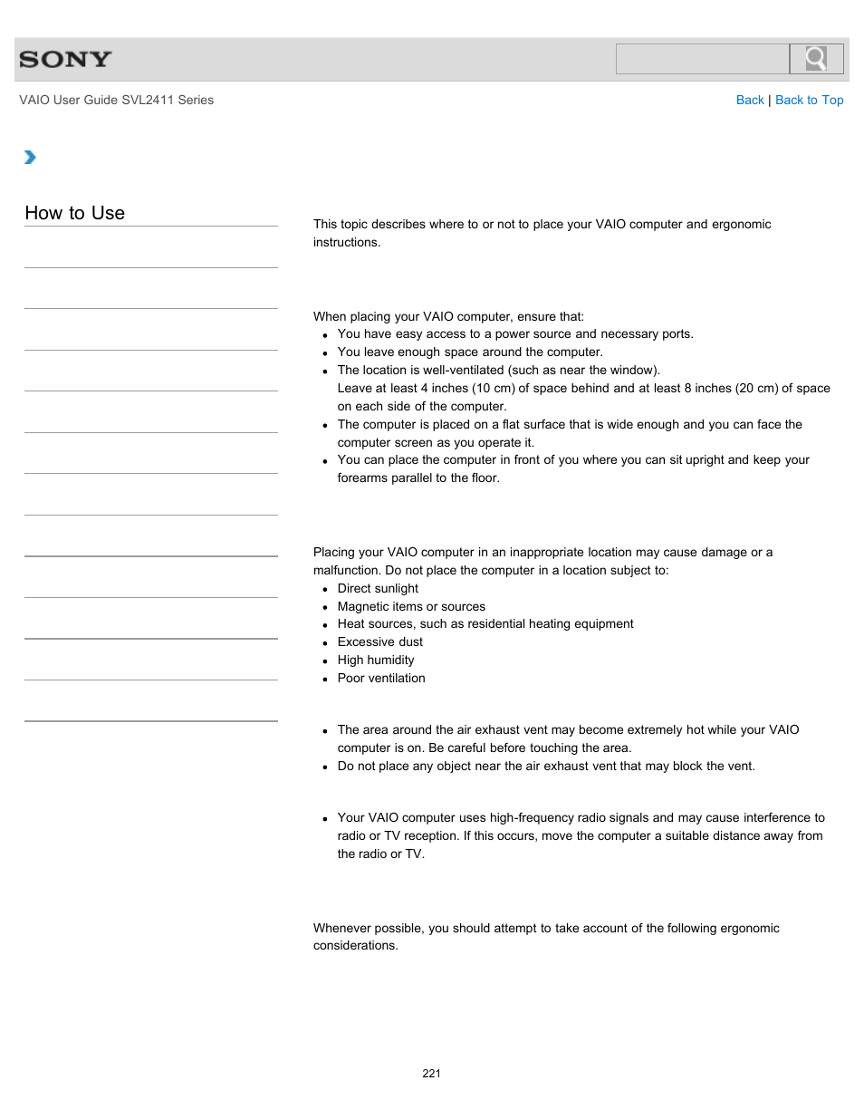 Setting up an appropriate work environment, How to use | Sony SVL241190X User Manual | Page 221 / 522