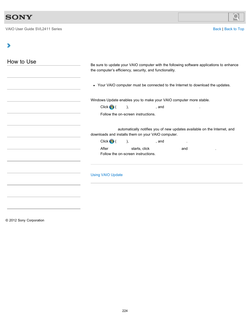 Updating your vaio computer, How to use | Sony SVL241190X User Manual | Page 224 / 522