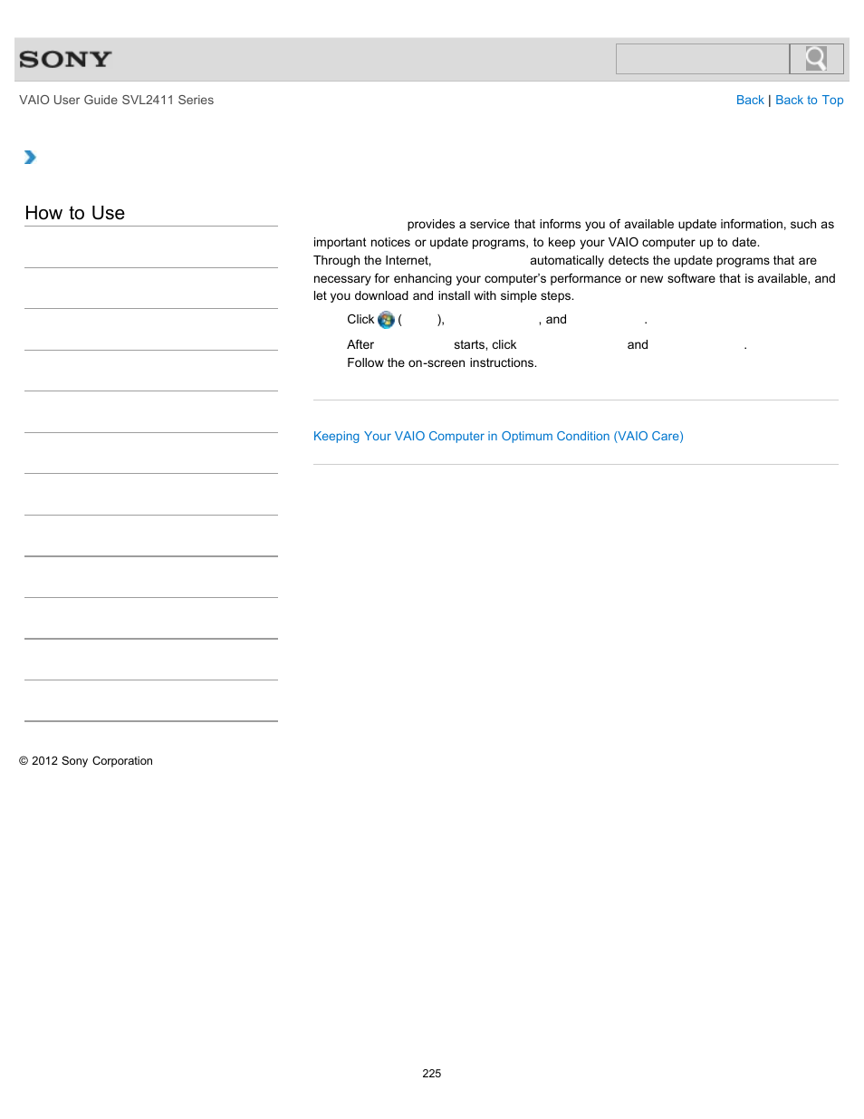 Using vaio update, How to use | Sony SVL241190X User Manual | Page 225 / 522