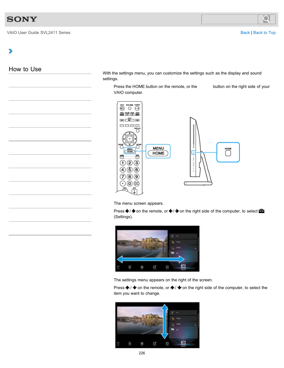 Using the settings menu (monitor function), How to use | Sony SVL241190X User Manual | Page 226 / 522