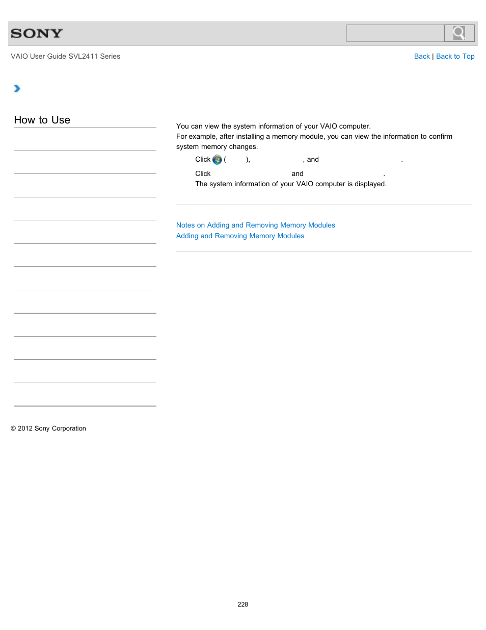 Viewing the system information, How to use | Sony SVL241190X User Manual | Page 228 / 522