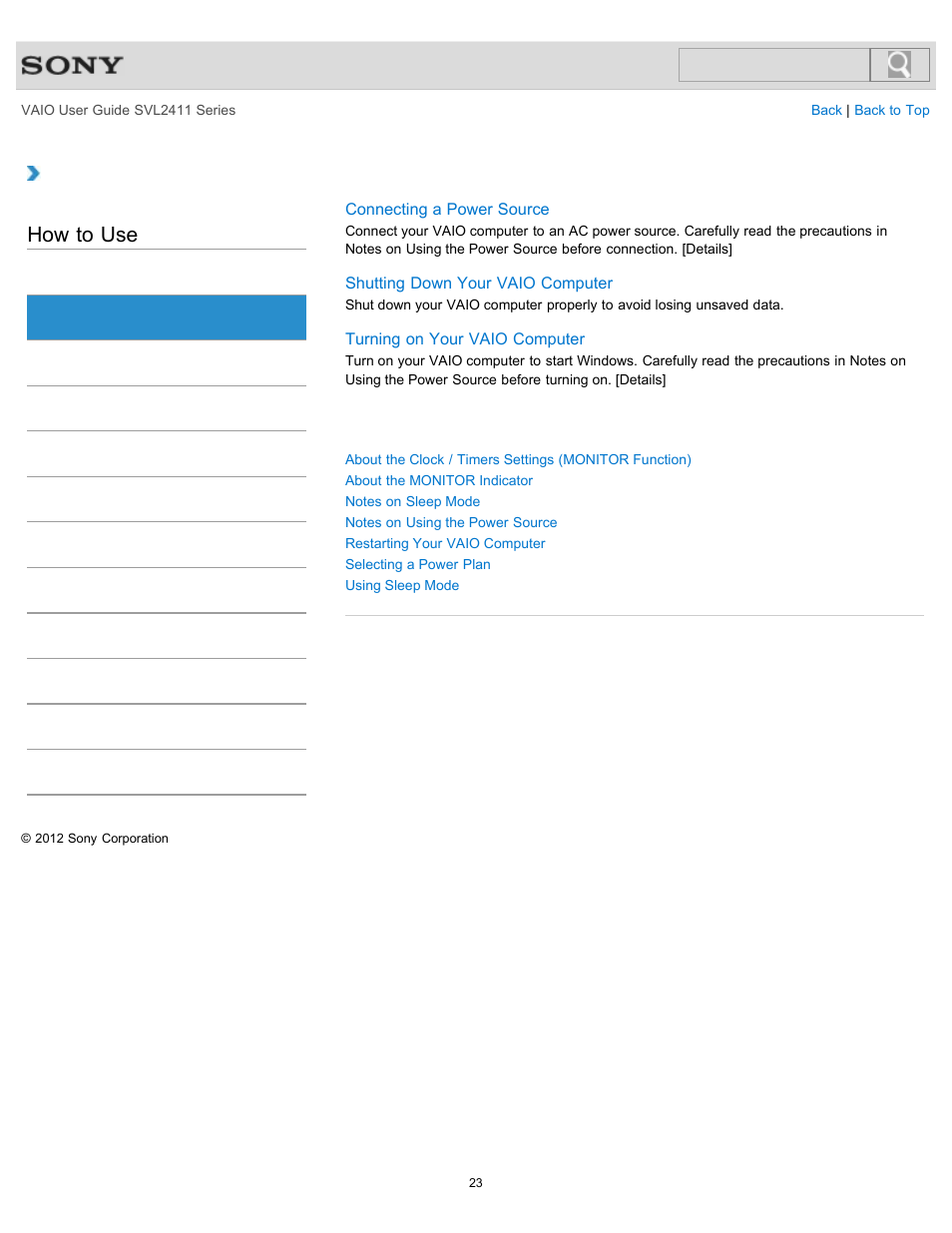 Power, How to use | Sony SVL241190X User Manual | Page 23 / 522