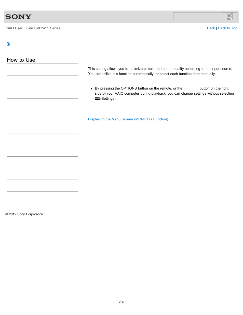 About the scene select settings (monitor function), How to use | Sony SVL241190X User Manual | Page 236 / 522