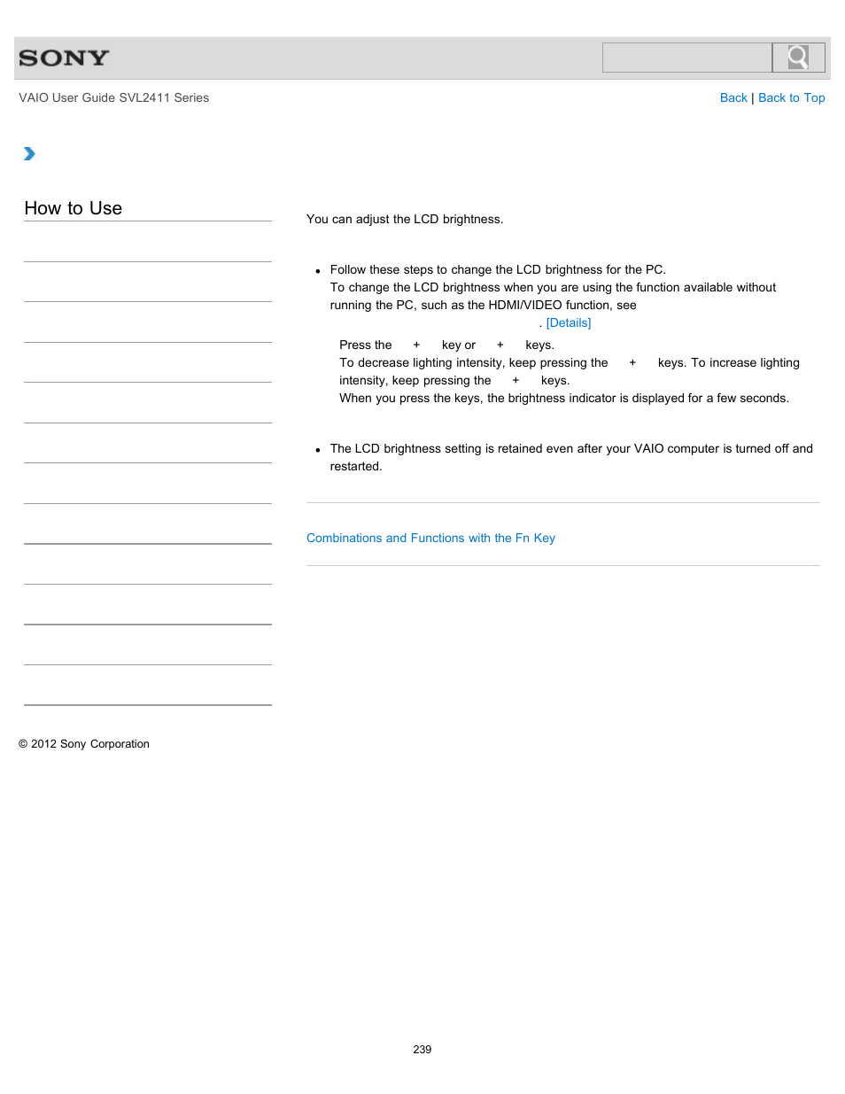 Changing the lcd brightness, Details, How to use | Sony SVL241190X User Manual | Page 239 / 522