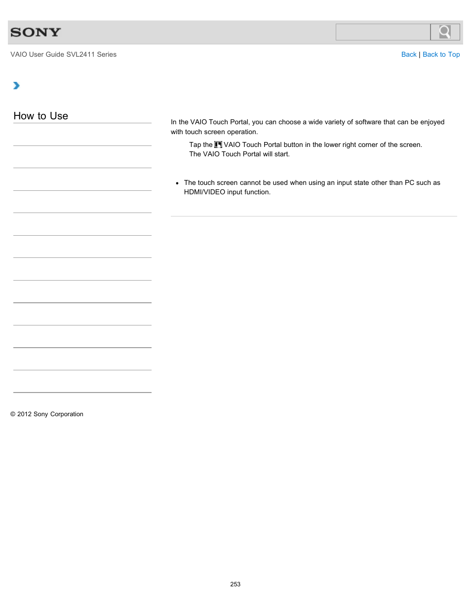 Multiple touch screen operation, Details, How to use | Sony SVL241190X User Manual | Page 253 / 522