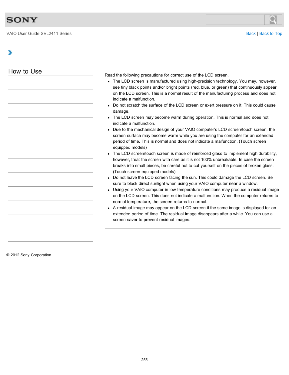 Notes on the lcd screen, How to use | Sony SVL241190X User Manual | Page 255 / 522