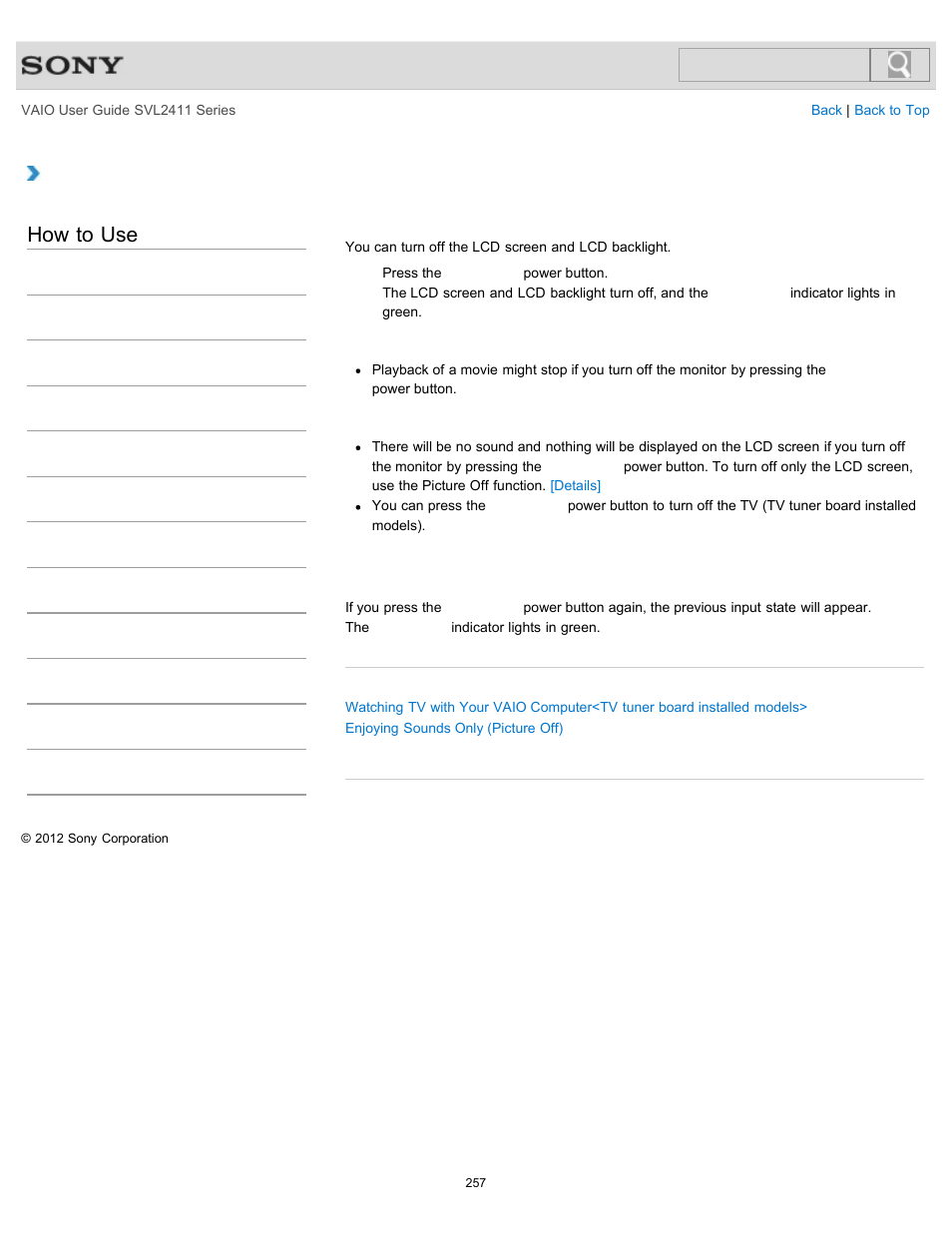 Turning off the lcd screen, Details, How to use | Sony SVL241190X User Manual | Page 257 / 522