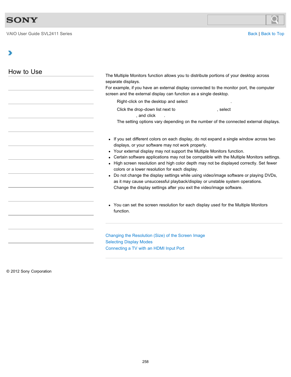 Using the multiple monitors function, How to use | Sony SVL241190X User Manual | Page 258 / 522