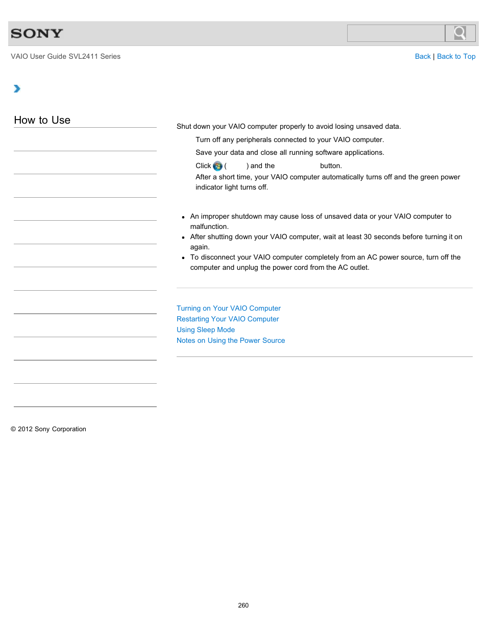 Shutting down your vaio computer, How to use | Sony SVL241190X User Manual | Page 260 / 522