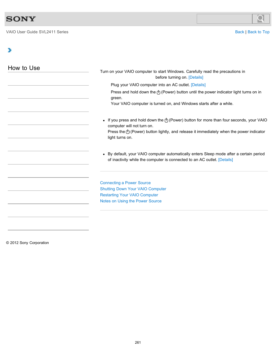 Turning on your vaio computer, How to use | Sony SVL241190X User Manual | Page 261 / 522