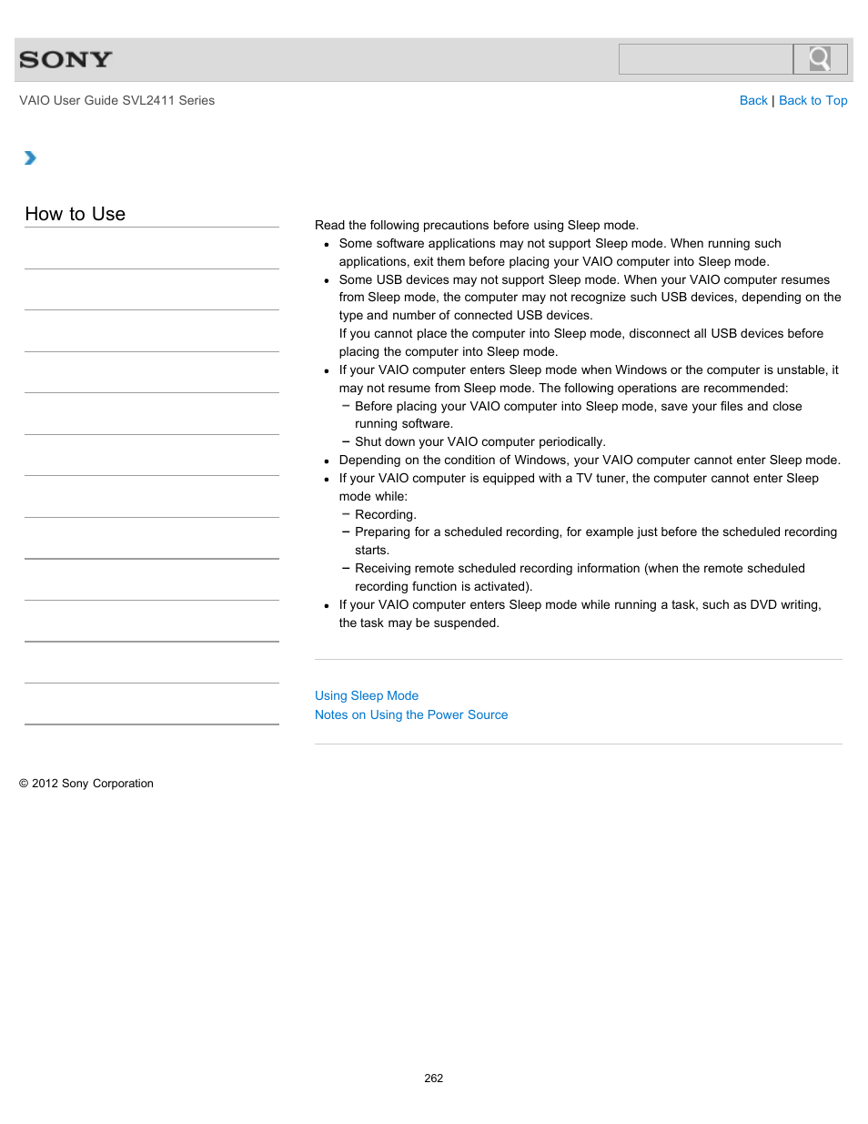 Notes on sleep mode, How to use | Sony SVL241190X User Manual | Page 262 / 522