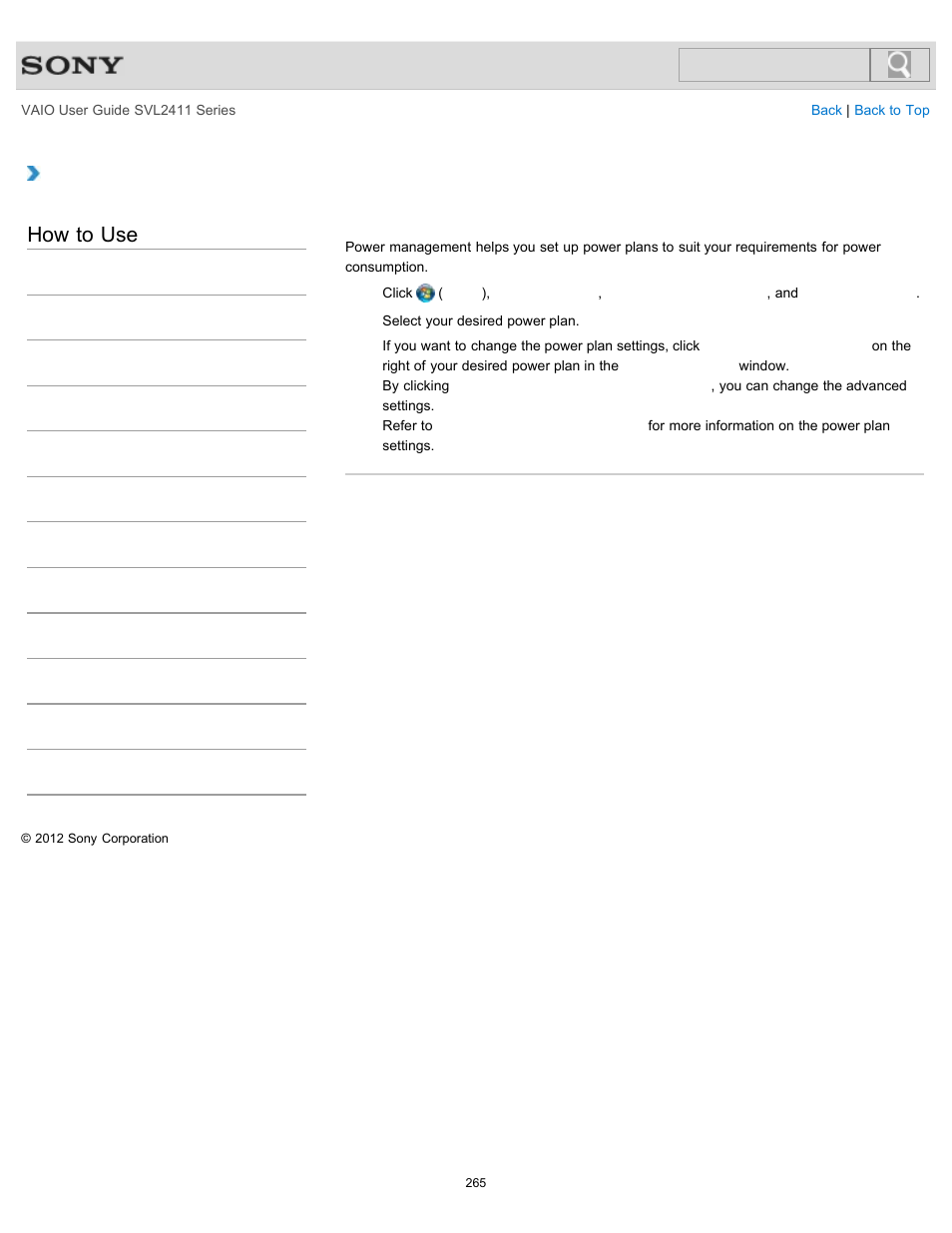 Selecting a power plan, How to use | Sony SVL241190X User Manual | Page 265 / 522