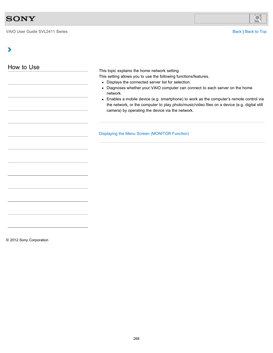 About home network setup (monitor function), How to use | Sony SVL241190X User Manual | Page 268 / 522