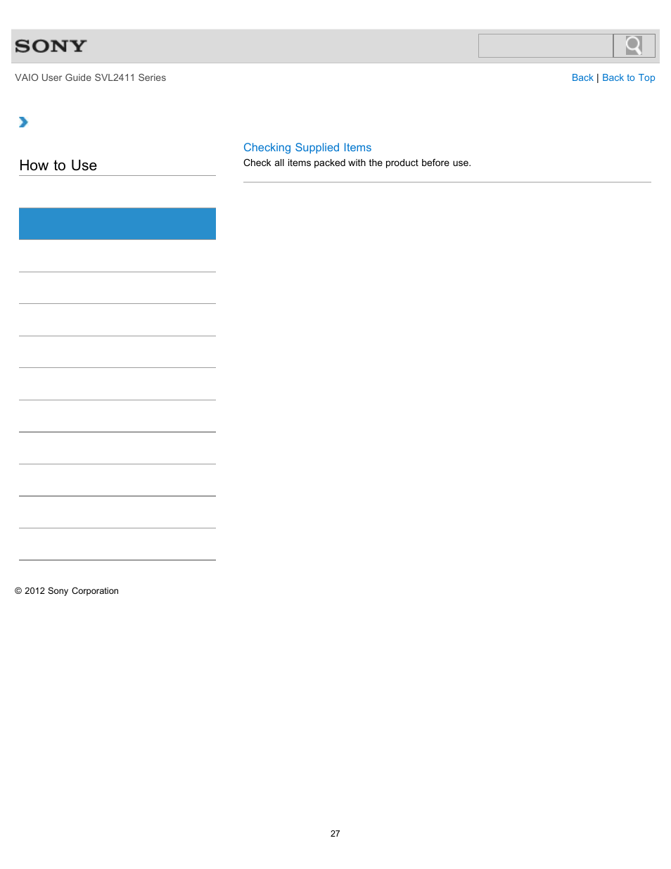 Supplied items, How to use | Sony SVL241190X User Manual | Page 27 / 522