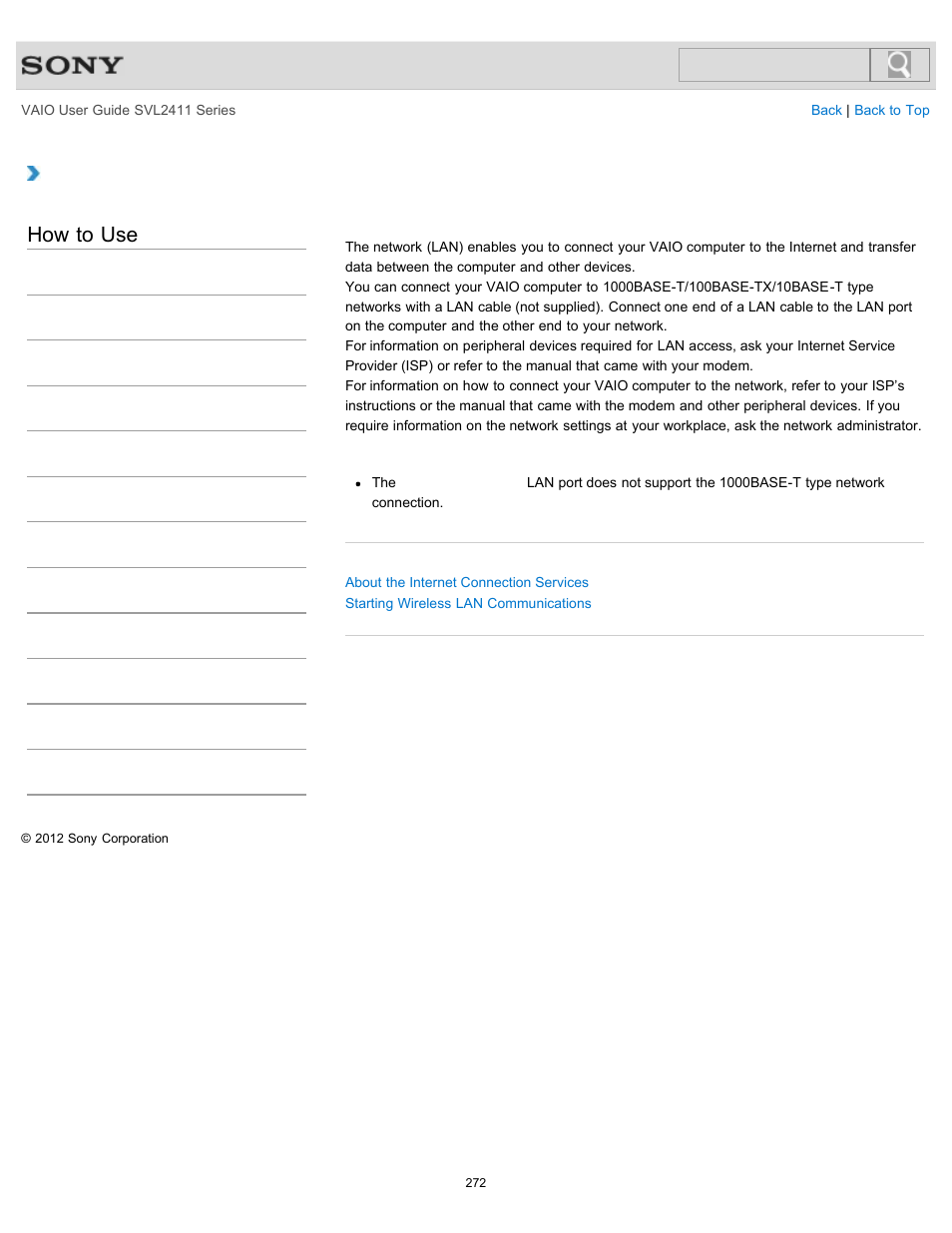 About the network (lan), How to use | Sony SVL241190X User Manual | Page 272 / 522