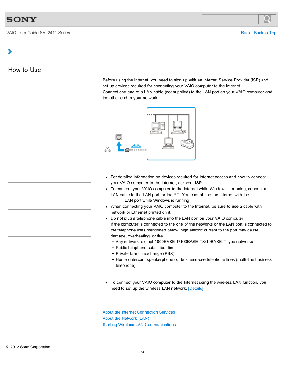 Connecting to the internet with a wired connection, Details, How to use | Sony SVL241190X User Manual | Page 274 / 522