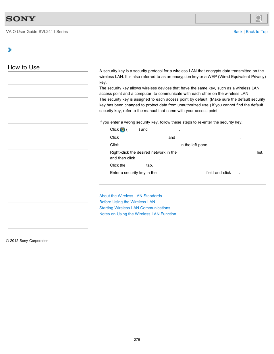 About a security key for a wireless lan, How to use | Sony SVL241190X User Manual | Page 276 / 522