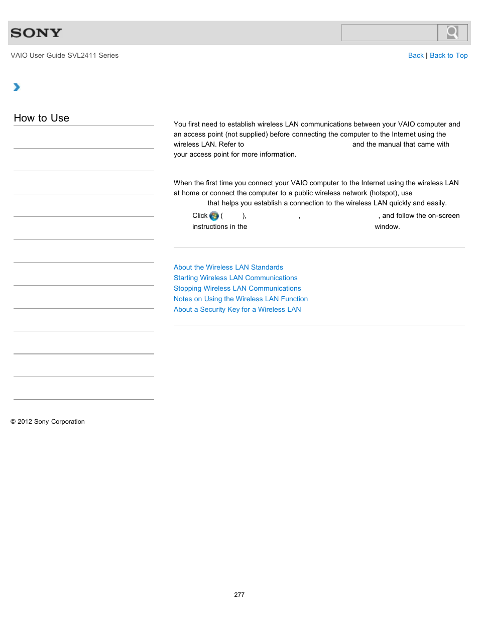 Before using the wireless lan, How to use | Sony SVL241190X User Manual | Page 277 / 522