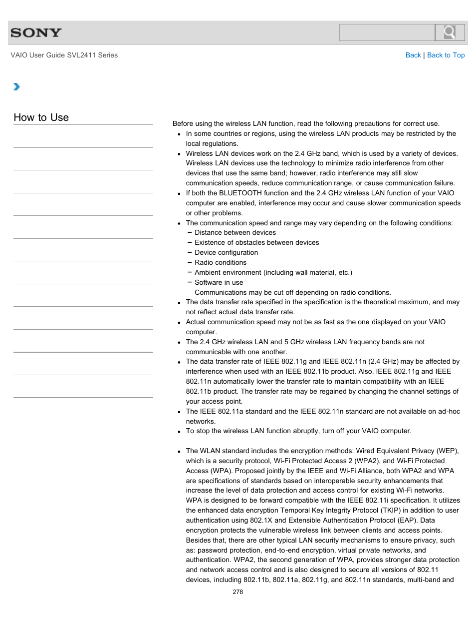 Notes on using the wireless lan function, How to use | Sony SVL241190X User Manual | Page 278 / 522