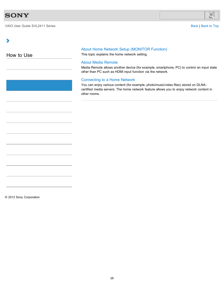 Home network, How to use | Sony SVL241190X User Manual | Page 28 / 522