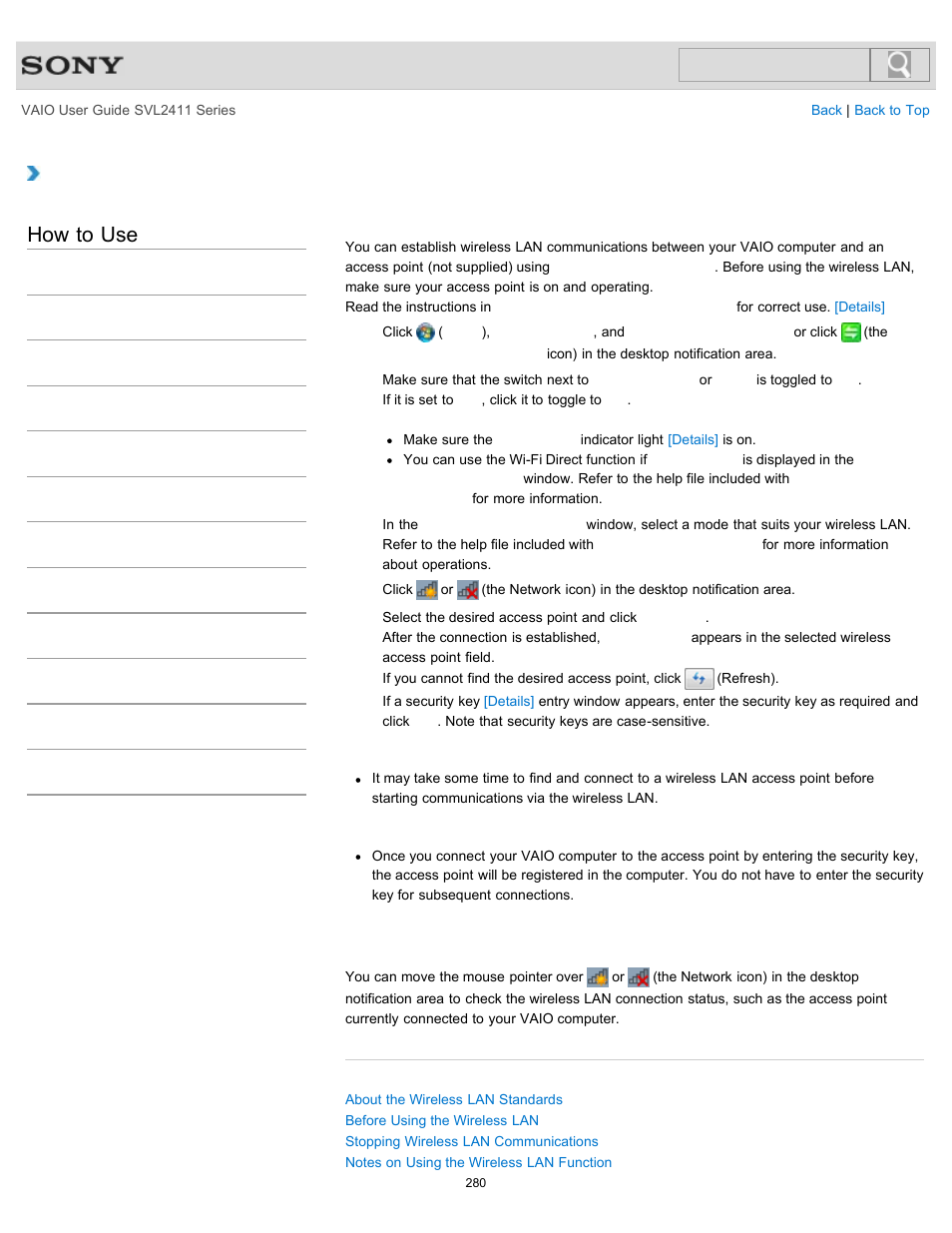 Starting wireless lan communications, How to use | Sony SVL241190X User Manual | Page 280 / 522