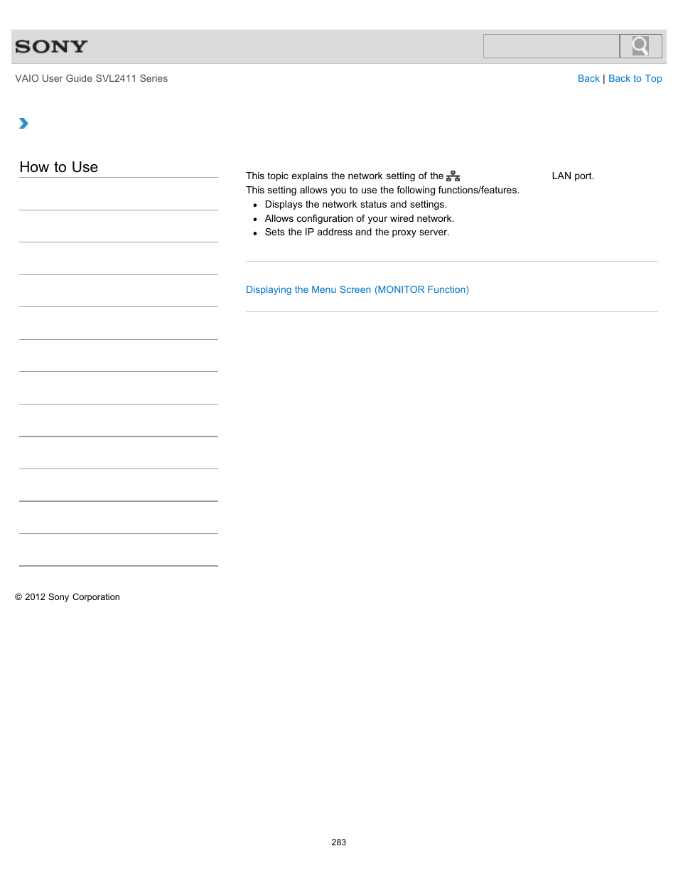 About network setup (monitor function), How to use | Sony SVL241190X User Manual | Page 283 / 522