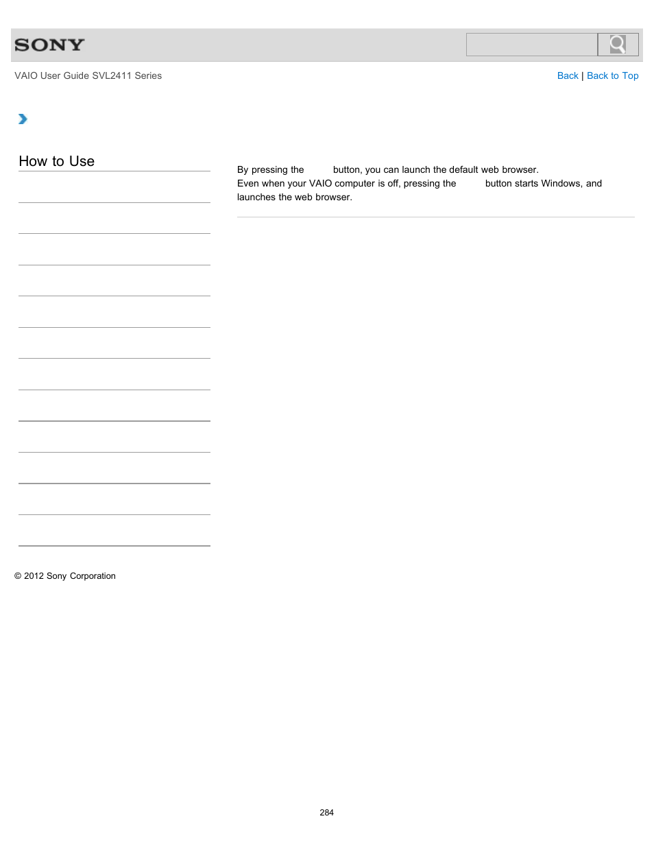 Launching the web browser (web button), Details, How to use | Sony SVL241190X User Manual | Page 284 / 522