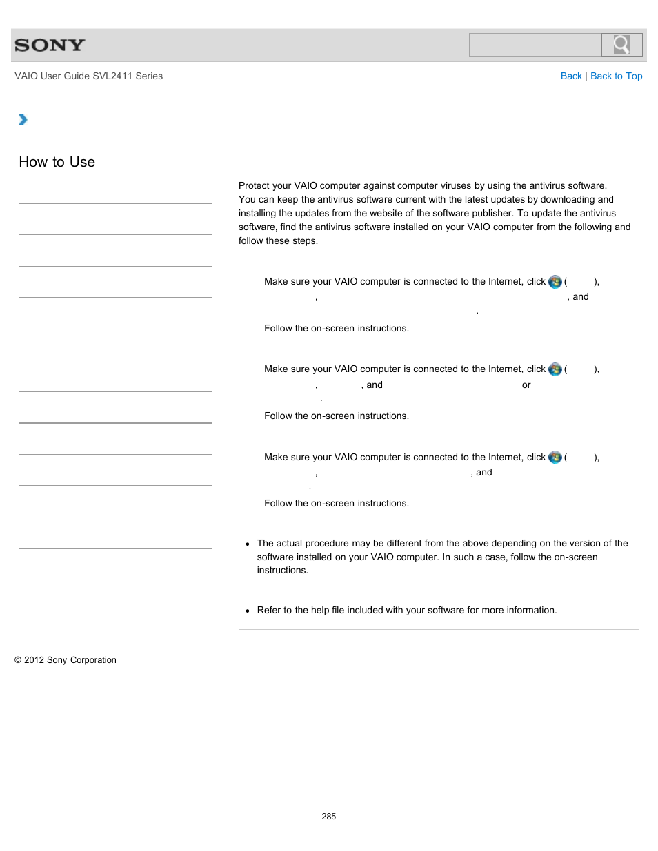 How to use | Sony SVL241190X User Manual | Page 285 / 522